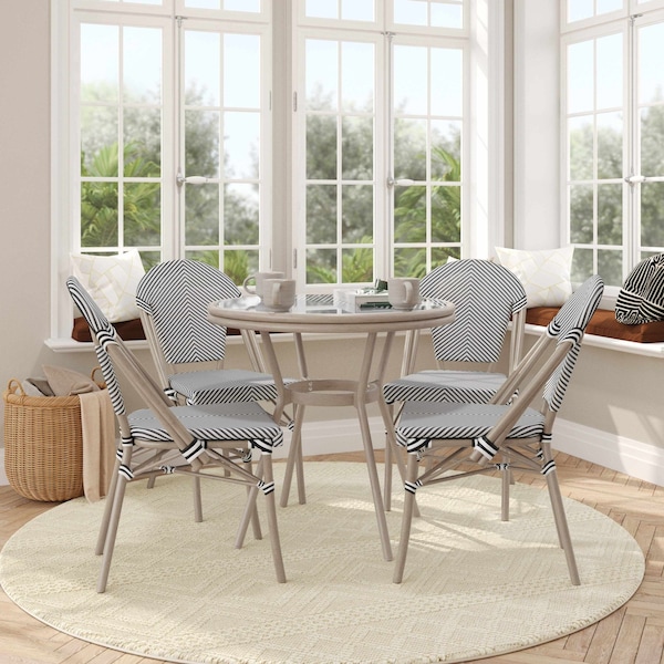 Flash Furniture Marseille French Bistro 31.5in. Table, Blk/Wht Textilene, Glss Top w/4 Stack Chairs - Light Natural SDA-AD641011-80-4107-BLKWH-LTNAT-GG - main
